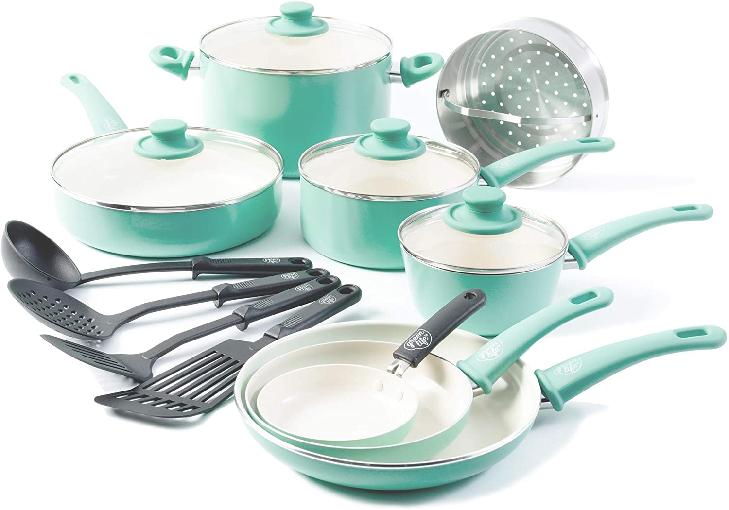 GreenLife Soft Grip 16pc Ceramic Non-Stick Cookware Set, Turquoise